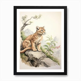 Storybook Animal Watercolour Cougar 4 Art Print