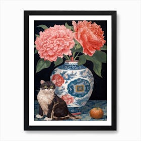 Peony With A Cat 3 William Morris Style Art Print