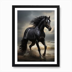 Black Horse Running On The Beach Art Print