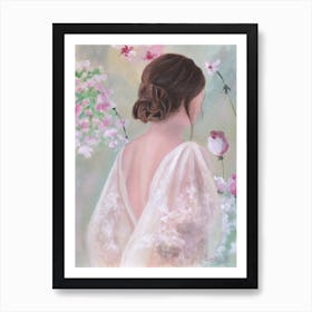 Woman Back With Pink Flowers Art Print