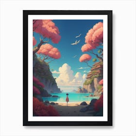 Girl Walks Along The Beach Art Print