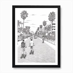 Skateboarding In Bali, Indonesia Line Art Black And White 1 Art Print