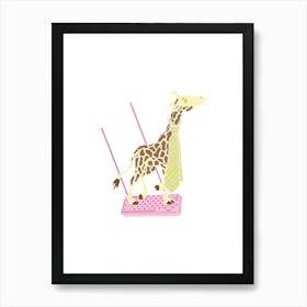 Giraffe Wearing A Tie Swinging On A Pink Wafer, Fun Circus Animal, Cake, Biscuit, Sweet Treat Print, Portrait Art Print