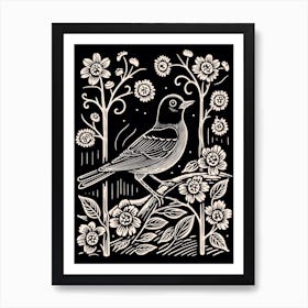 B&W Bird Linocut Eastern Bluebird 2 Art Print