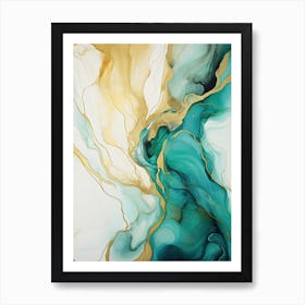 Teal, White, Gold Flow Asbtract Painting 1 Art Print