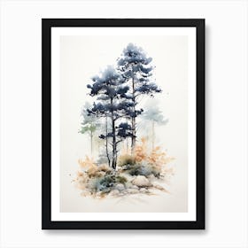 Trees, Japanese Brush Painting, Ukiyo E, Minimal 3 Art Print