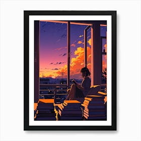 Anime Girl Reading Books At Sunset Art Print