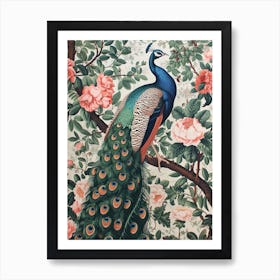 White & Pink Peacock On A Branch Wallpaper Style Art Print
