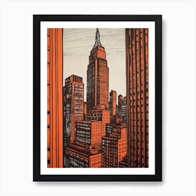 Empire State Building New York City, United States Linocut Illustration Style 1 Art Print
