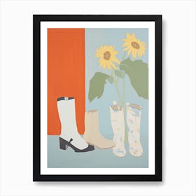 A Painting Of Cowboy Boots With Sunflower Flowers, Pop Art Style 3 Art Print