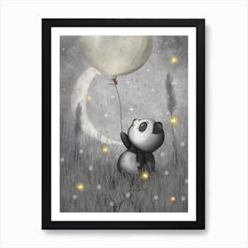 Panda With Green Flying Balloon Art Print