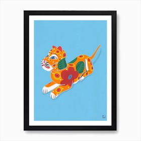Tiger With Flowers On Blue Background Art Print