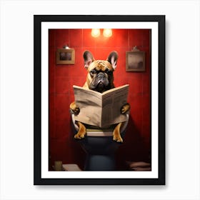 French Bulldog Reading A Newspaper in the toilet Art Print