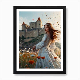 Beautiful Girl In A White Dress In A Field Of Flowers Art Print