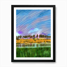 Rural scene with star trails landscape watercolor painting Art Print