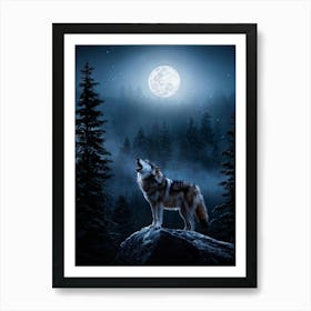 Howling Wolf Center Frame Midnight Wilderness Backdrop Full Moon Casting Silver Illumination Thro Art Print