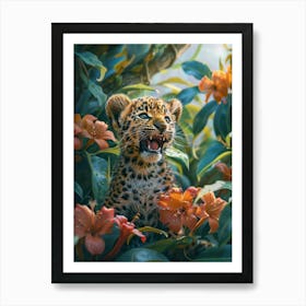 A Happy Front faced Leopard Cub In Tropical Flowers 17 Art Print