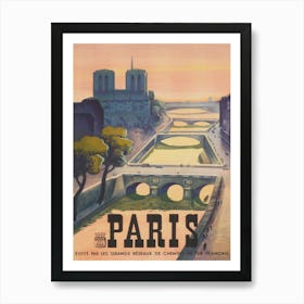 Paris France, Seine River, Muted Neutral Colors, Vintage Travel Poster Art Print