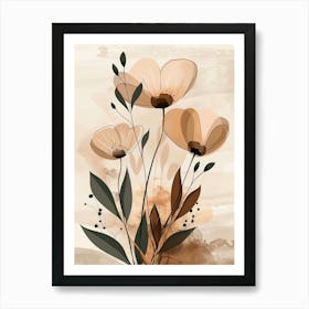 Flowers In Beige, Brown And White Tones, Using Simple Shapes In A Minimalist And Elegant 14 Art Print