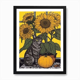 Drawing Of A Still Life Of Sunflower With A Cat 2 Art Print