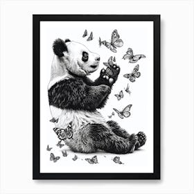 Giant Panda Cub Playing With Butterflies Ink Illustration 3 Art Print