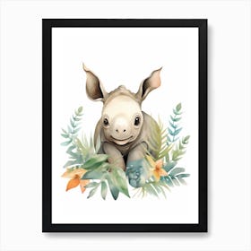 Watercolour Jungle Animal Baby Rhinoceros 1 Art Print