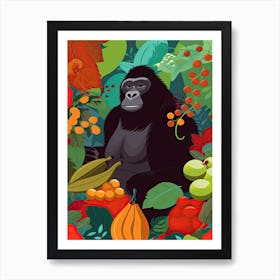 Gorilla Art Eating Fruits Cartoon Illustration 2 Art Print