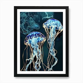 Jellyfish Painting Gold Blue Effect Collage 1 Art Print