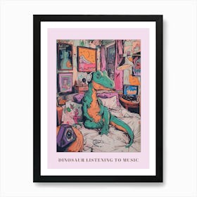 Dinosaur Listening To Music In Their Bedroom Pastel Illustration Poster Art Print