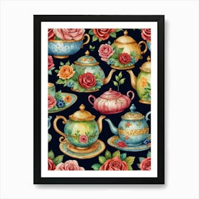 Teapots And Roses Art Print
