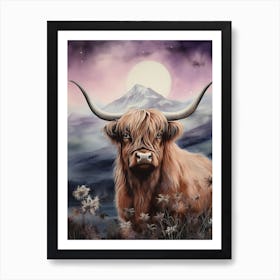 Watercolour Of Highland Cow At Night 1 Art Print