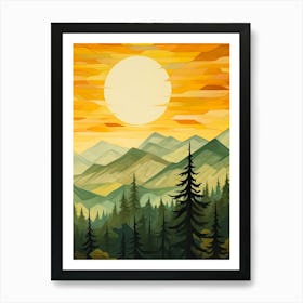 Green Sun Forest Mountain Painting Triptych 2 Art Print