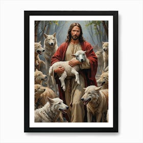 Jesus Saving Sheep From Wolves - Ai Art Print