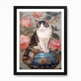 Peony With A Cat 3 Art Nouveau Style Art Print