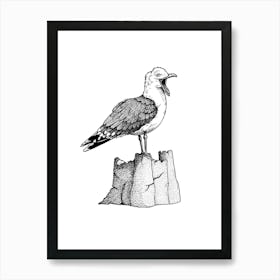 Seagull Sandcastle in Black and White Ink Art Print