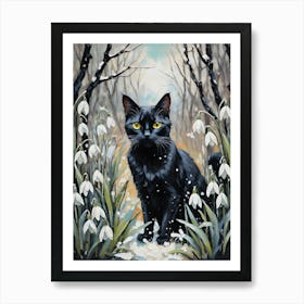 Black Cat Amongst Snowdrops - Oil and Palette Knife Painting of A Beautiful Black Cat Sitting Among the Midwinter January Flowers - Kitty, Cat Lady, Pagan, Feature Wall, Witch, Fairytale Tarot Bastet Imbolc Colorful Painting in HD 1 Art Print