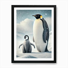 A High Resolution Image Of An Emperor Penguin Standing Next To Its Chick On A Snowy Landscape Art Print