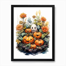 Cute Bedsheet Ghost, Botanical Halloween Watercolour 35 Art Print