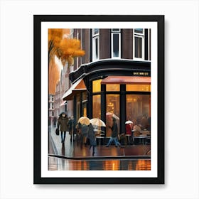 Amsterdam cafes, autumn season, rain, autumn oil colours.Faded colours,People passing on the street, winter clothes, rain umbrellas.1 2 Art Print