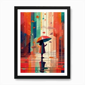 Positive Girl With Umbrella In The Rain,  Uplifting And Hopeful Energy Art Print