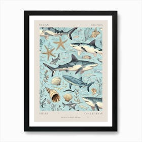 Pastel Blue Blacktip Reef Shark Watercolour Seascape Pattern 2 Poster Art Print