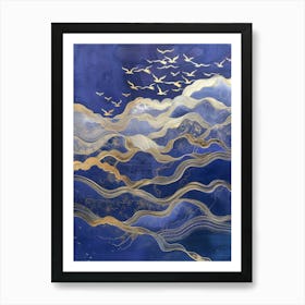 Blue And Gold Seagulls Art Print