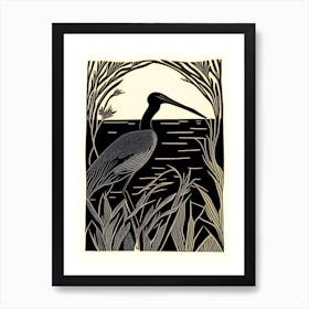 Black Heron Vintage Linocut 1 Art Print