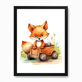 Baby Fox On Toy Car, Watercolour Nursery 0 Art Print