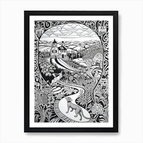 Drawing Of A Dog In Cosmic Speculation Gardens, United Kingdom In The Style Of Black And White Colouring Pages Line Art 01 Art Print