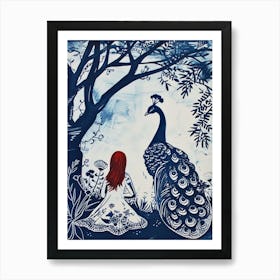 Woman With Red Hair & Peacock Linocut Inspired Art Print