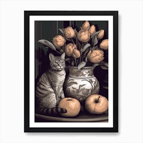 Drawing Of A Still Life Of Proteas With A Cat 1 Art Print