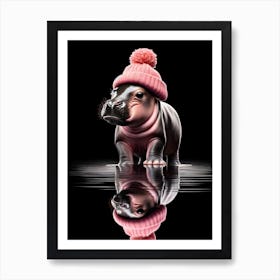 Baby Hippo in pink beanie hat 2 Art Print