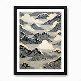 Chugoku Mountains In Multiple Prefectures, Ukiyo E Black And White Line Art Drawing 3 Art Print