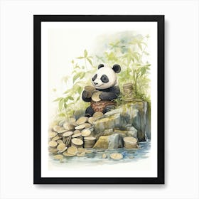 Panda Art Collecting Coins Watercolour 4 Art Print